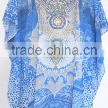 BLUE digital crystal embellished lace up kaftan CAFTAN tunic poncho blouse