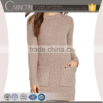crew neck rib-knit longline wholesale pullover sweater with front patch pockets