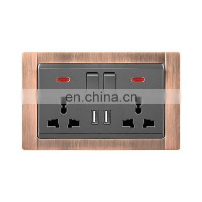 Universal Double 3 pin Wall Socket With Switch Zinc Alloy Panel With USB Socket And Switches Electrical With LED Light