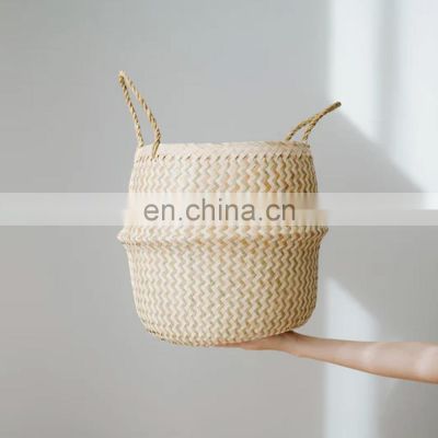 ZigZag White Seagrass Belly Basket Eco Friendly Straw Plant Holder Storage Basket Decor Home High Quality