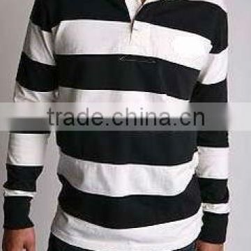 Mens 100% cotton stripe long sleeve polo shirt