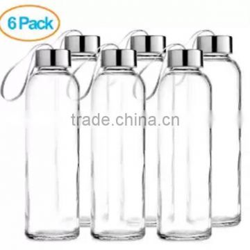 Glass water Bottle 6 Pack 18oz Stainless Steel Caps with Carrying Loops