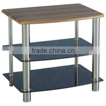 TV Table Unit - 2 Black Glass Shelves - Walnut Veneer Top