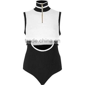 latex sleeveless black and white zipper cut out jersey bodysuit for women