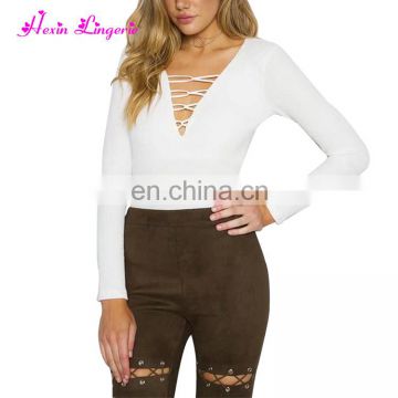 High Quality long sleeves knitting v neck white women jumpsuits and rompers