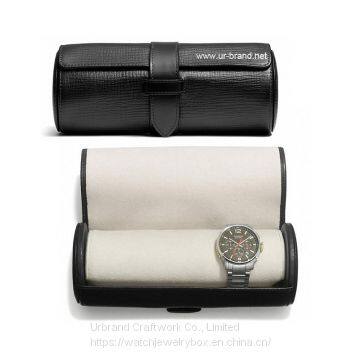 Handmade leather watch roll box for holding watches and bracelet travel cylinder case with embossed logo