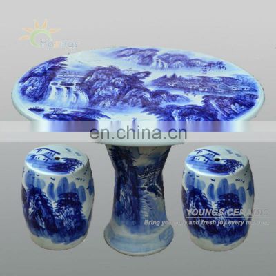 Chinese antique blue and white ceramic porcelain garden table and stool with landscape design