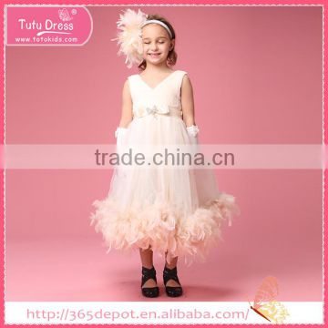 2015 high quality Milk yellow kids long feather girl dress for sale