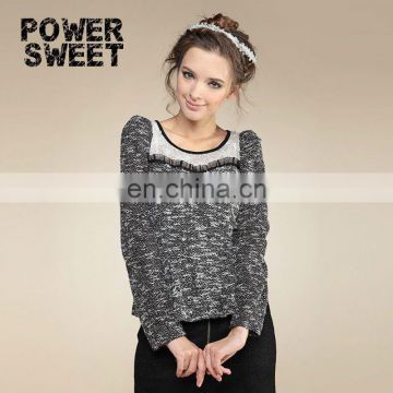 gray knitted lady sweater with embroidery O-collar