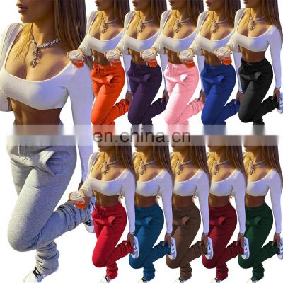 Embroidery Stacked Sweatpants For, Women Patchwork Fashion Sporting Joggers Skinny Casual with Slit Women Stacked Pants/