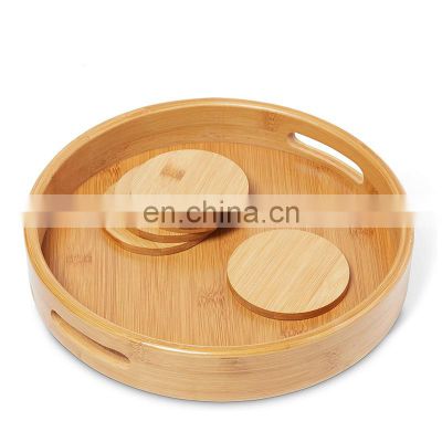 Round Bamboo Serving Tray Eco-Friendly Wood Coffee Table Tray Polished Carrying Handles with 4 pcs Coasters for Ottoman Kitchen