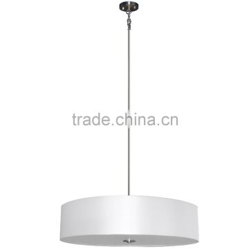 5 light chandelier(Lustre/La arana) in satin steel finish with a round 30" pristine white fabric shade
