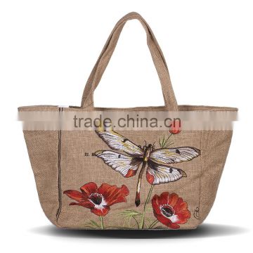 High Quality Dragonfly Embroidery Big Capacity 100% Hemp Shopping Bag