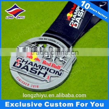 Antique silver plated 3d zinc alloy medal with custom ribbon