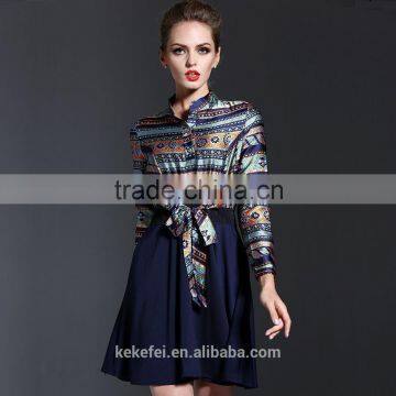 Woman Autumn Satin Printing Dress 2016 Female A-Line Robe Vestidos