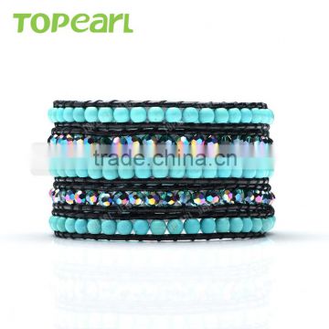 Topearl Jewelry Fashion Turquoise Mix Iridescent Colors Crystal 5 Wrap Fashion Bracelet on Black Leather CLL63