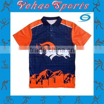 Sublimated orange and blue polo shirt with custom pattern
