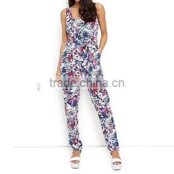 Fashion Summer Viscose Blue Tropical Print Tie Front Jumpsuit for women 2015 China Manufacturer
