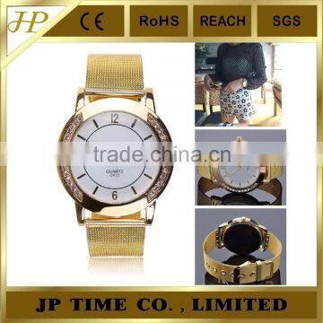 Fashion Women's Dress Stainless Steel Gold Battery Quartz diamond Watch