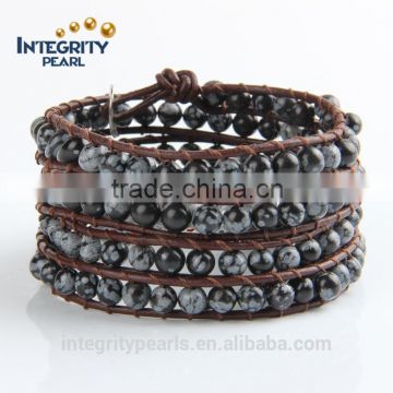 6mm black natural gemstone cheap weave bracelet with beads, leather wrap bracelet