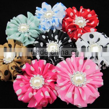 New Arrival 2.4" Polka Dot Chiffon Hair Flower with Pearl Rhinestone Hair Accessories Kids Flower IN STOCK