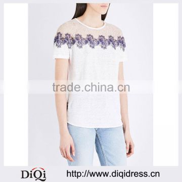 Customized Wholesale Lady's Apparel Simple Classic Floral Linen and Lace T-shirt(DQM005T)