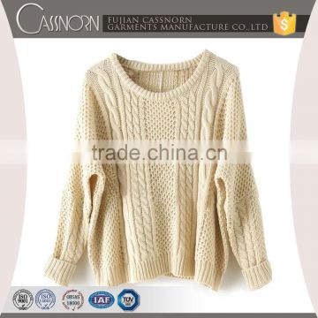 apricot cable knitted cotton ladies batwing sleeve pullover knitted sweater