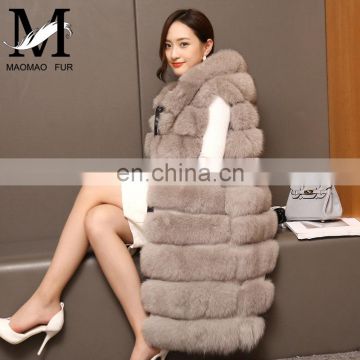 2016 New Design Long Real Fox Fur Hooded Vest Gilet Girls Fox Vest