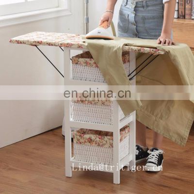 Folding wood ironing board cabinet with storage willow basket iron frame