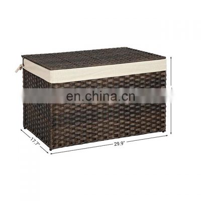 Storage Box with Cotton Liner Rattan-Style Storage Basket Storage Trunk with Lid and Handles for Bedroom Closet Laundry Room