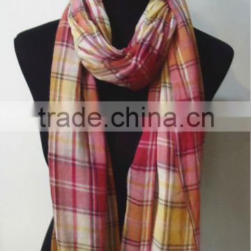 100% Cotton Checked Pattern Scarf With Fringe