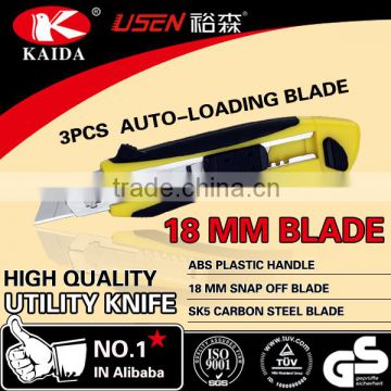 3 PCS Auto Loading Blade plastic with rubber grip handle 18MM Utility Knife