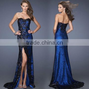 navy blue sequins beaded sleeveless long split leg evening dress