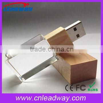 Led light up crystal gift usb flash drive with wooden cap