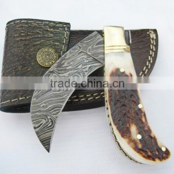ODD AND ANTIQUE STORM IMAGE FULL STAG HORN HANDLE PRUNING DAMASCUS KNIFE.