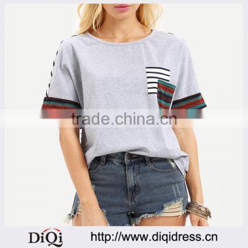 Wholesale Women Apparel Round Neck Striped And Printed With Pockets Casual T-Shirt