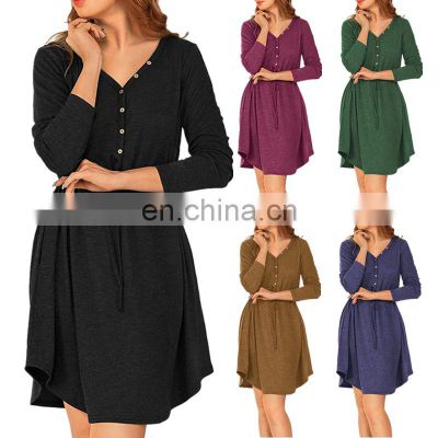 2021 European and American women's wish Amazon hot style solid color V-neck fashion long-sleeved button belt dress