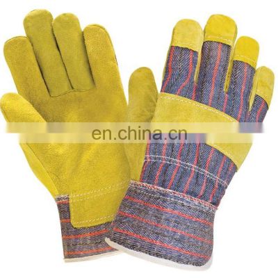 White Fur Lined Stripe Cotton Back Yellow Cow Split Leather Working Leather Gloves
