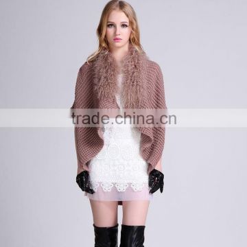 New Design Fashion Girls Knitted Wool Cape with Mongolian Fur Collar Wool Cape