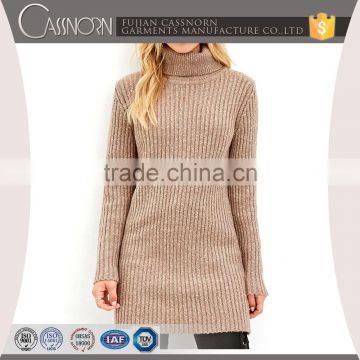 factory price elegant rib knit dressy long sleeve high neck long tunic tops