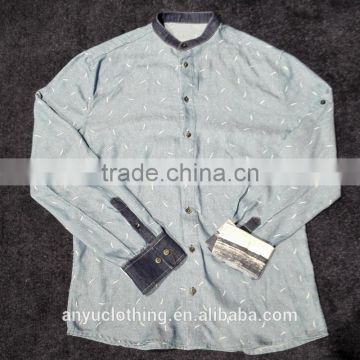 Light Blue Full Feather Printed Collarless Jean Shirts for Men