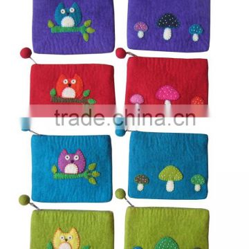 Nepal made soft wool felted owl & mushroom design mobile & coin purse