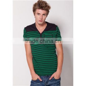 Men's-Striped-Pattern-V-Neck-Short-Sleeve-T-Shirt-M--ID81828 Standard Sports