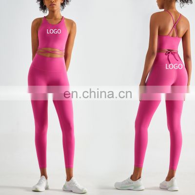 Tik Tok Hot Sell 2 Piece Set Sportswear Waist Strap Sports Bra Workout Running Gym Yoga Set Women Fitness Crothless Leggings Set