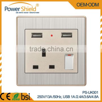 UK type Brush Silver frame Double USB Wall socket outlet with Switch 230V 13A for HK,Malaysia,Singapore,Ireland