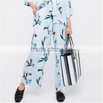 2017 China wholesale Cotton Women Long Trousers printed bird pattern light blue pants trousers