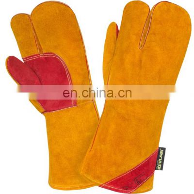 Warm Fur Lined Three Finger Russian Yellow Cowhide Split Leather Welding Gloves Mitten