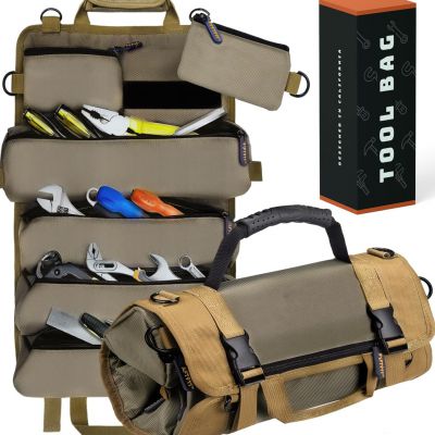 Heavy Duty Tool Roll Up Bag W/Detachable Pouches - Waterproof Tool Organizer
