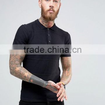 High Quality Custom Textured Stripe Short Sleeve Button Placket Black Men's 100% Organic Cotton Knit 200g Casual Polo Shirt