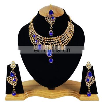 One Sided designer Blue Color Stone Gold Plated Kundan Zerconic Necklace Earrings Tikka